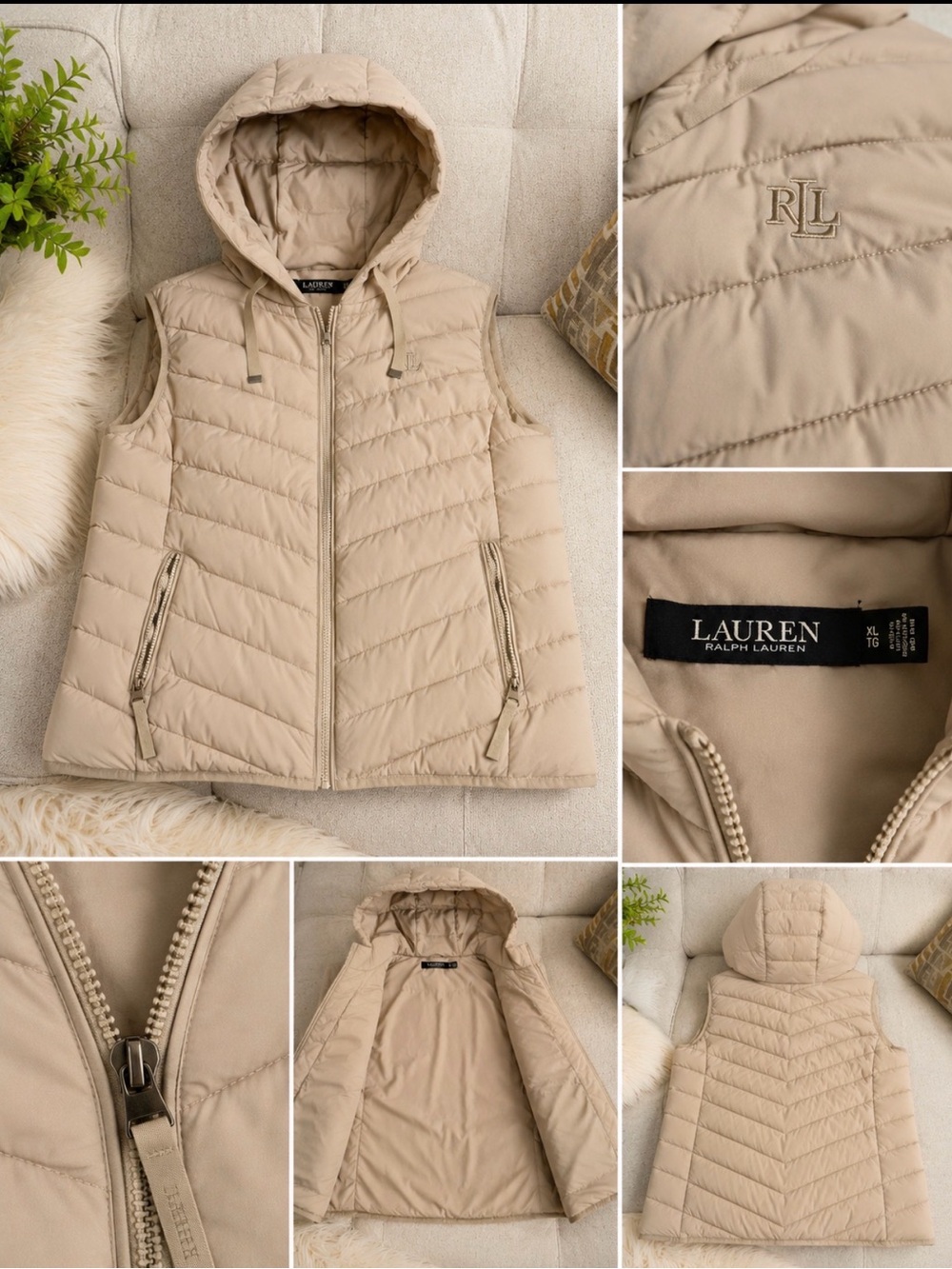 Lauren Ralph Lauren Hooded Quilted Vest — Beige